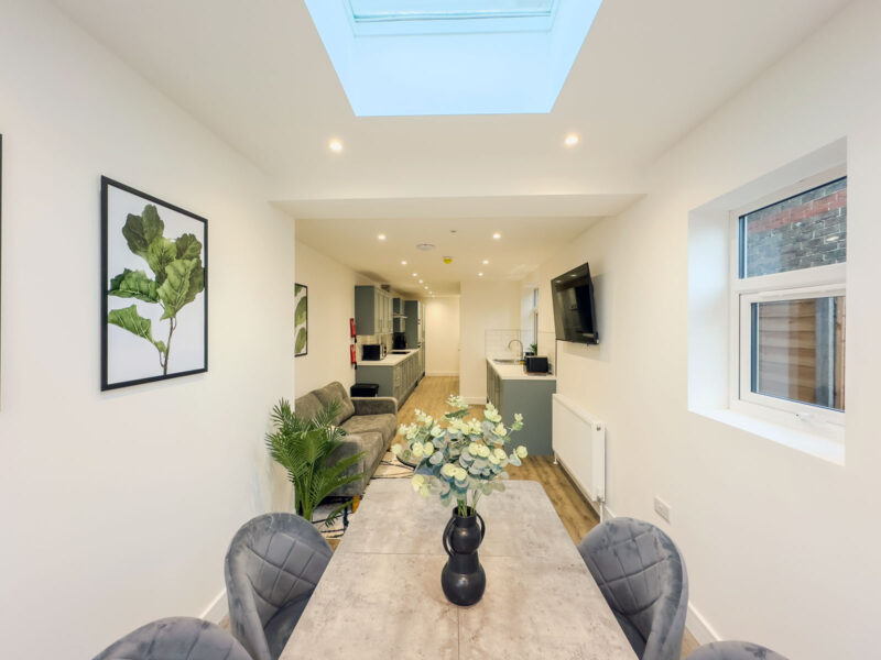 Completed open-plan living, dining and kitchen refurbishment by SODA Building Services Ltd